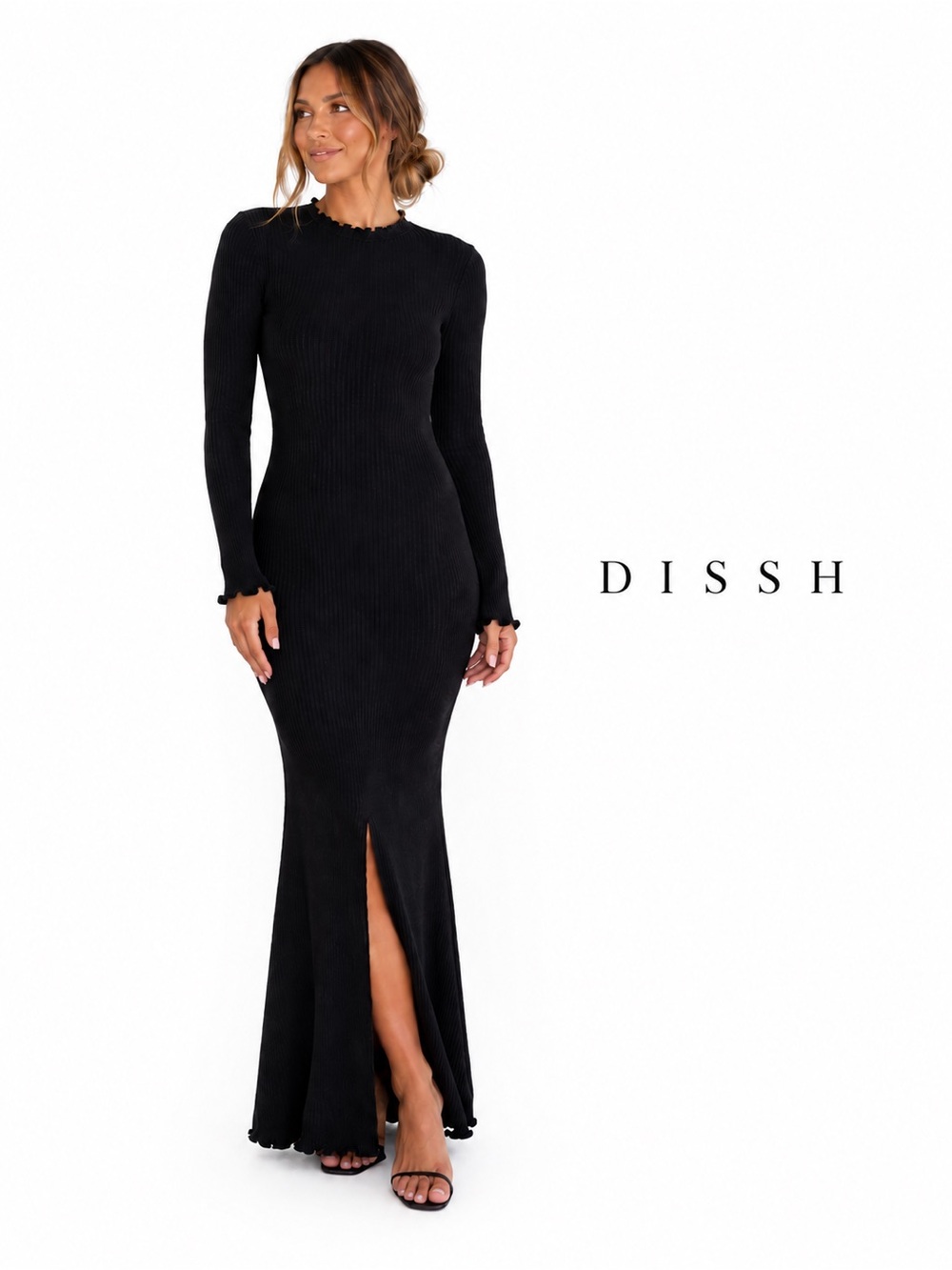 DISSH Black Ribbed Long-Sleeve Maxi Dress with Front Slit date night resort